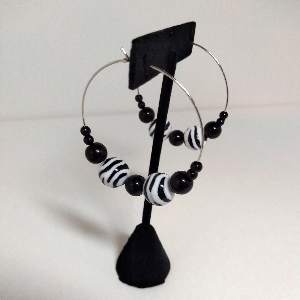 Zebra-Beaded Silver Hoop Earrings